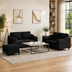 3 Piece Sofa Set Black Fabric Living Room Lounge Suite with Pillows Footstool