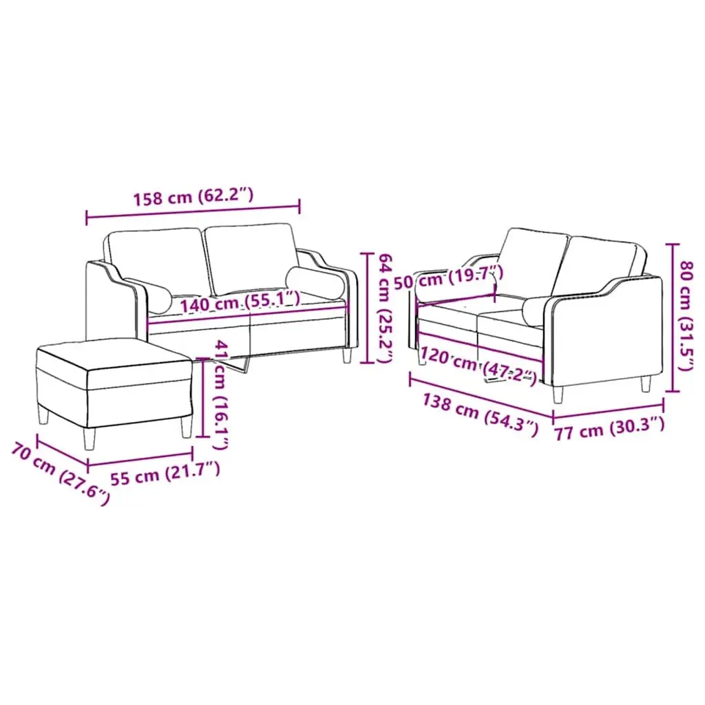 3 Piece Sofa Set Fabric Black Living Room Lounge Suite
