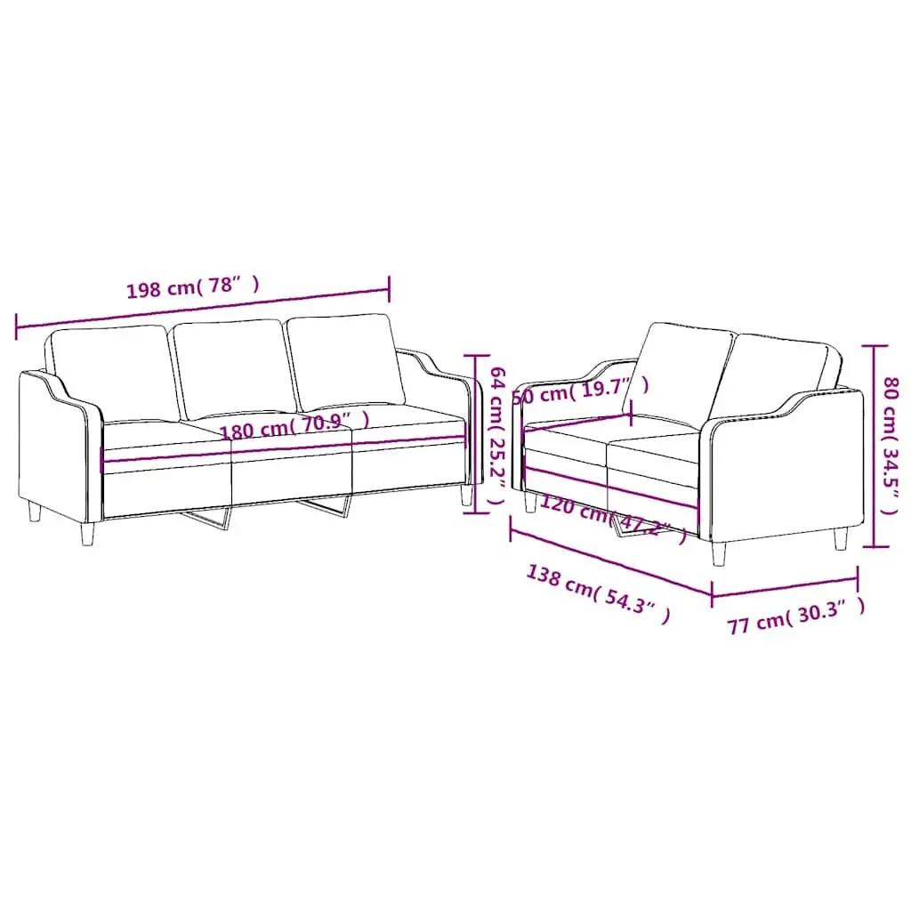 2 Piece Sofa Set with Cushions Black Fabric Lounge Seating Living Room Couch