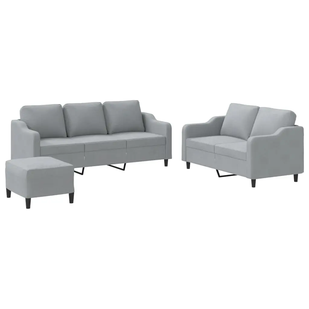 3 Piece Sofa Set with Cushions Grey Fabric Living Room Furniture Footstool