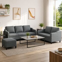 Comfortable 3 Piece Sofa Set in Grey with Footstool