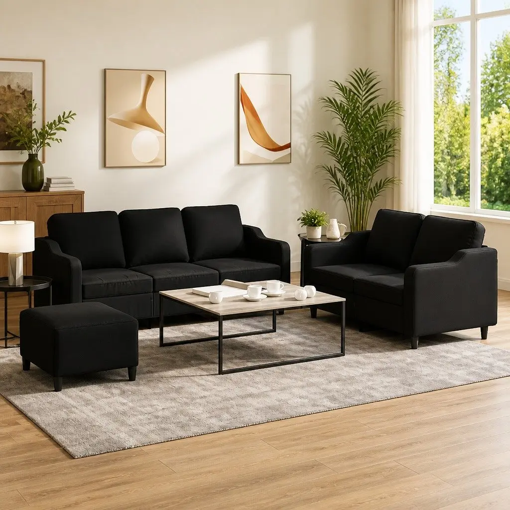 3 Piece Sofa Set Black Fabric Lounge Suite with Footstool Cushions Living Room