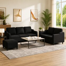 Practical 3 Piece Black Fabric Sofa Set for Any Home