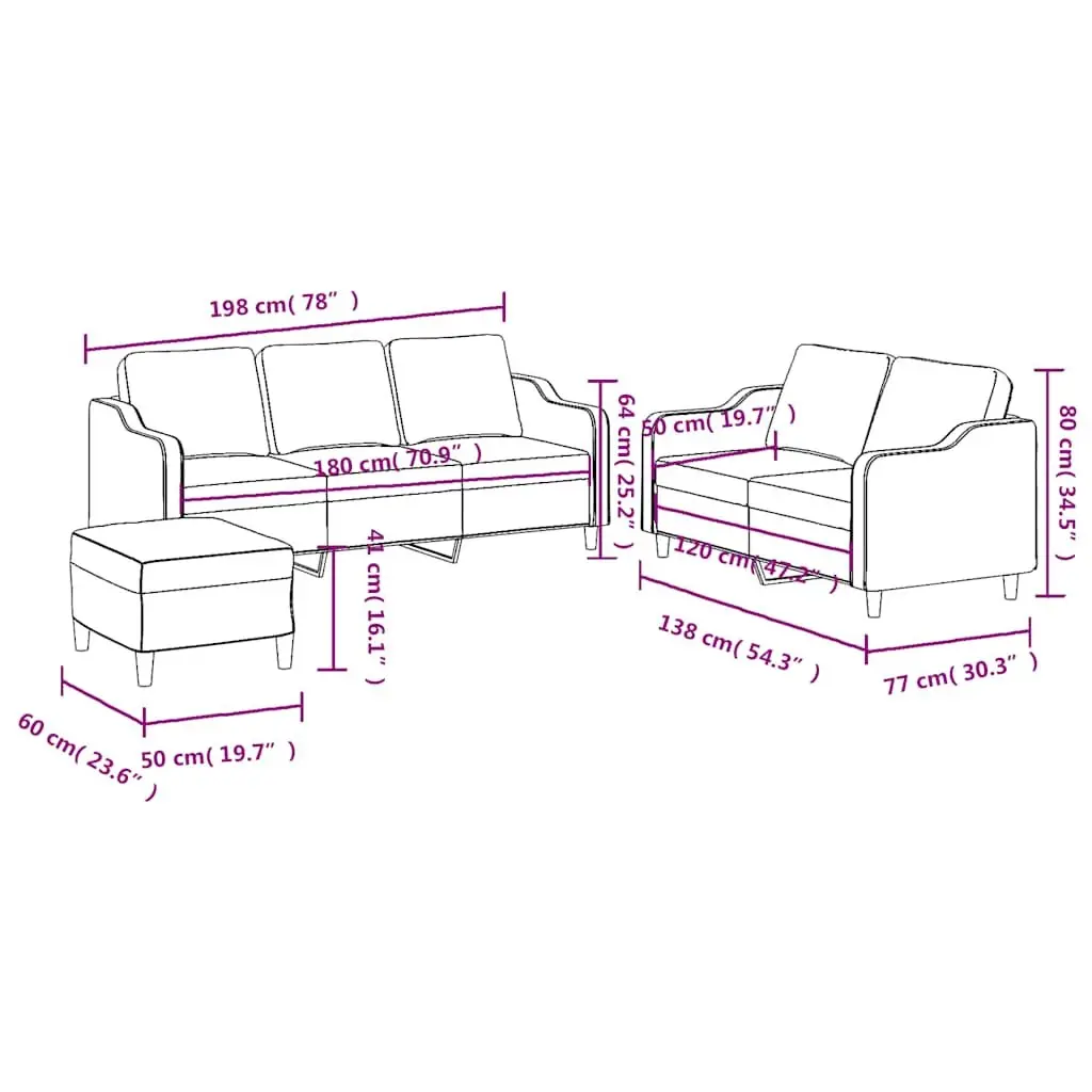 3 Piece Sofa Set Black Fabric Lounge Suite with Footstool Cushions Living Room