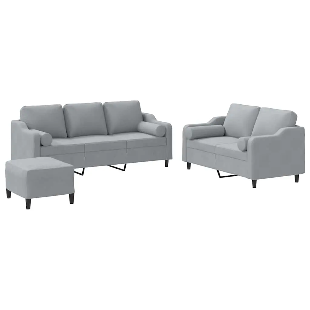 3 Piece Sofa Set with Footstool Padded Grey Fabric Living Room Lounge Pillows