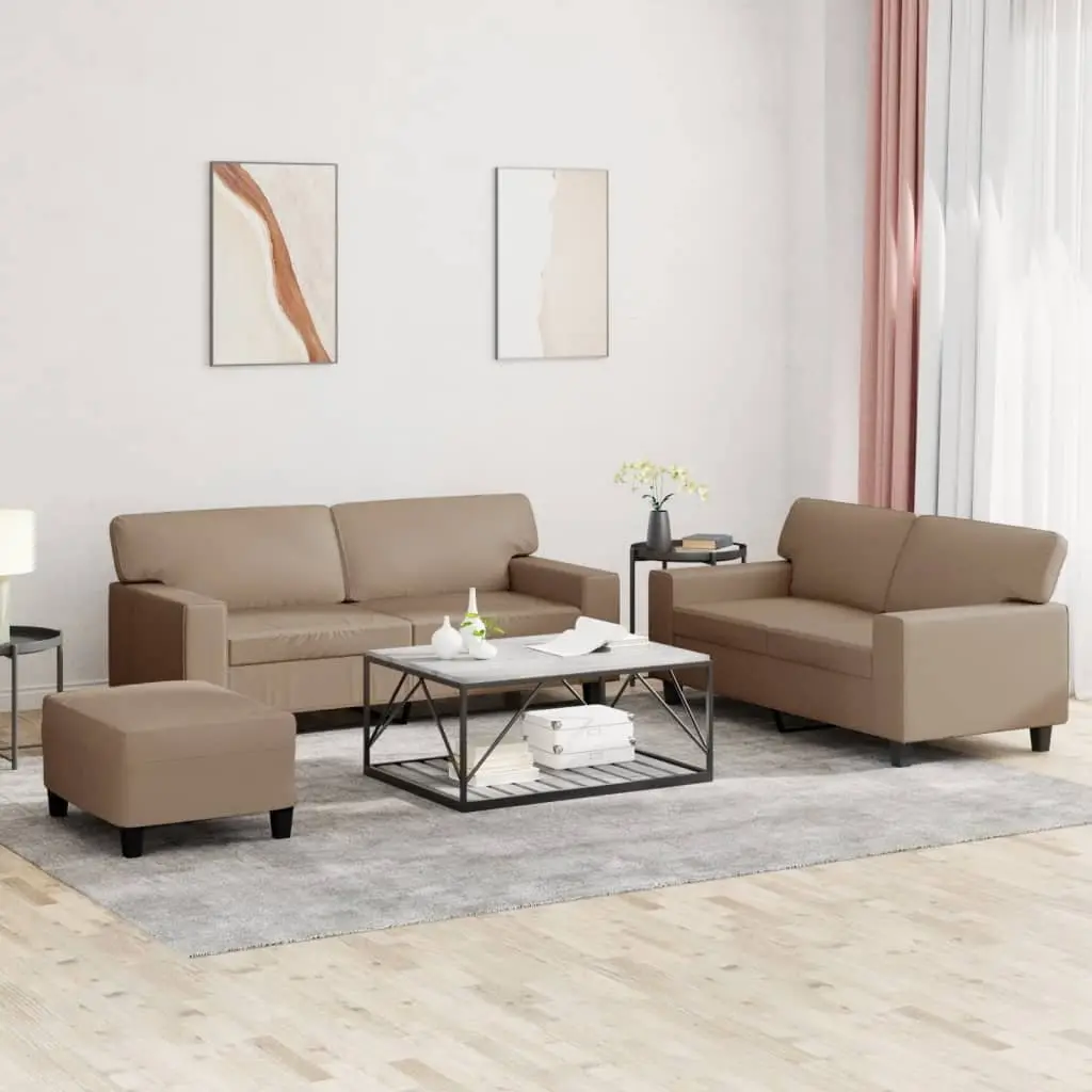 3 Piece Sofa Set with Brown Faux Leather