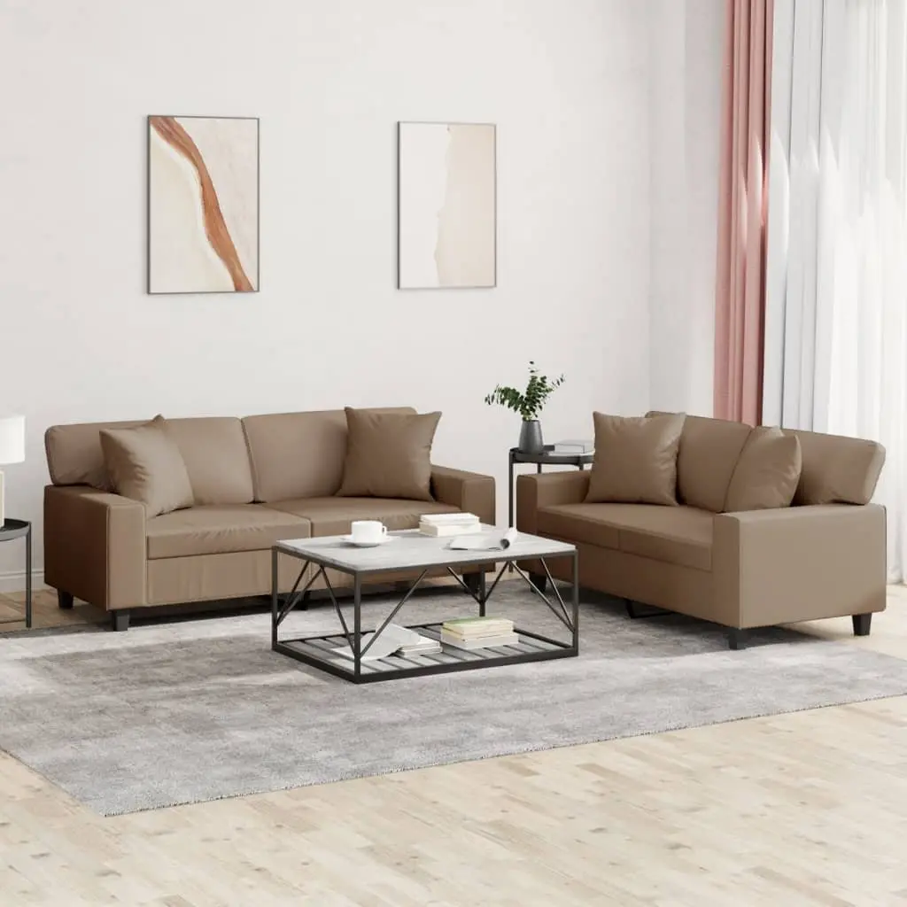 2 Piece Sofa Set with Throw Pillows Brown Faux Leather Lounge Couch Suite