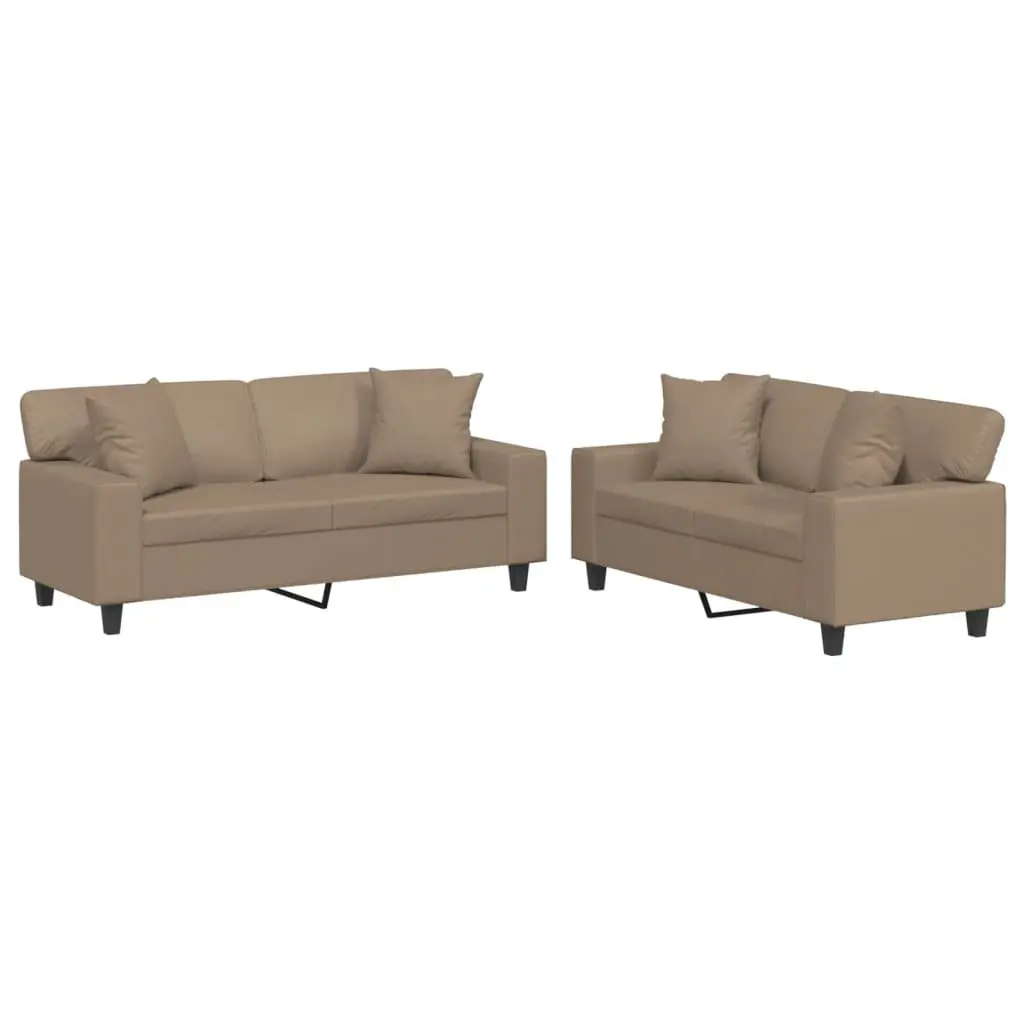 2 Piece Sofa Set with Throw Pillows Brown Faux Leather Lounge Couch Suite