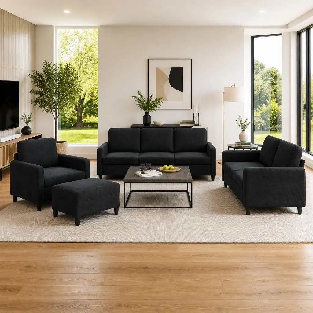 4 Piece Sofa Set Velvet Black Living Room Furniture Couch with Footstool