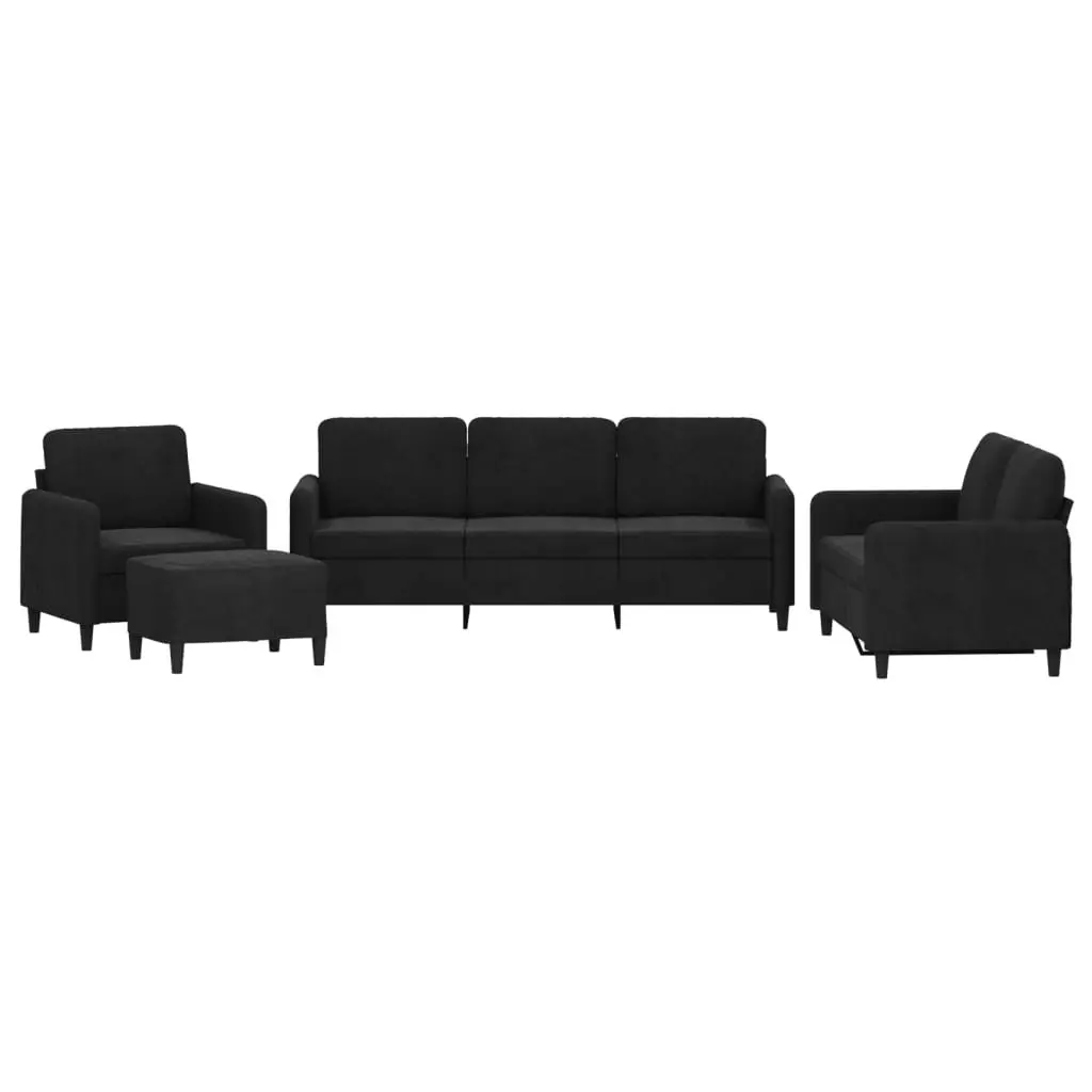 4 Piece Sofa Set Velvet Black Living Room Furniture Couch with Footstool