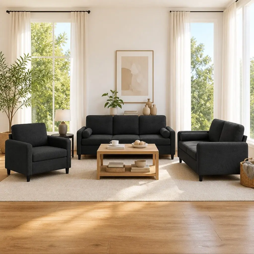 3 Piece Black Velvet Sofa Set