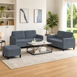 3 Piece Sofa Set Grey Velvet Lounge Suite with Footstool Living Room Furniture