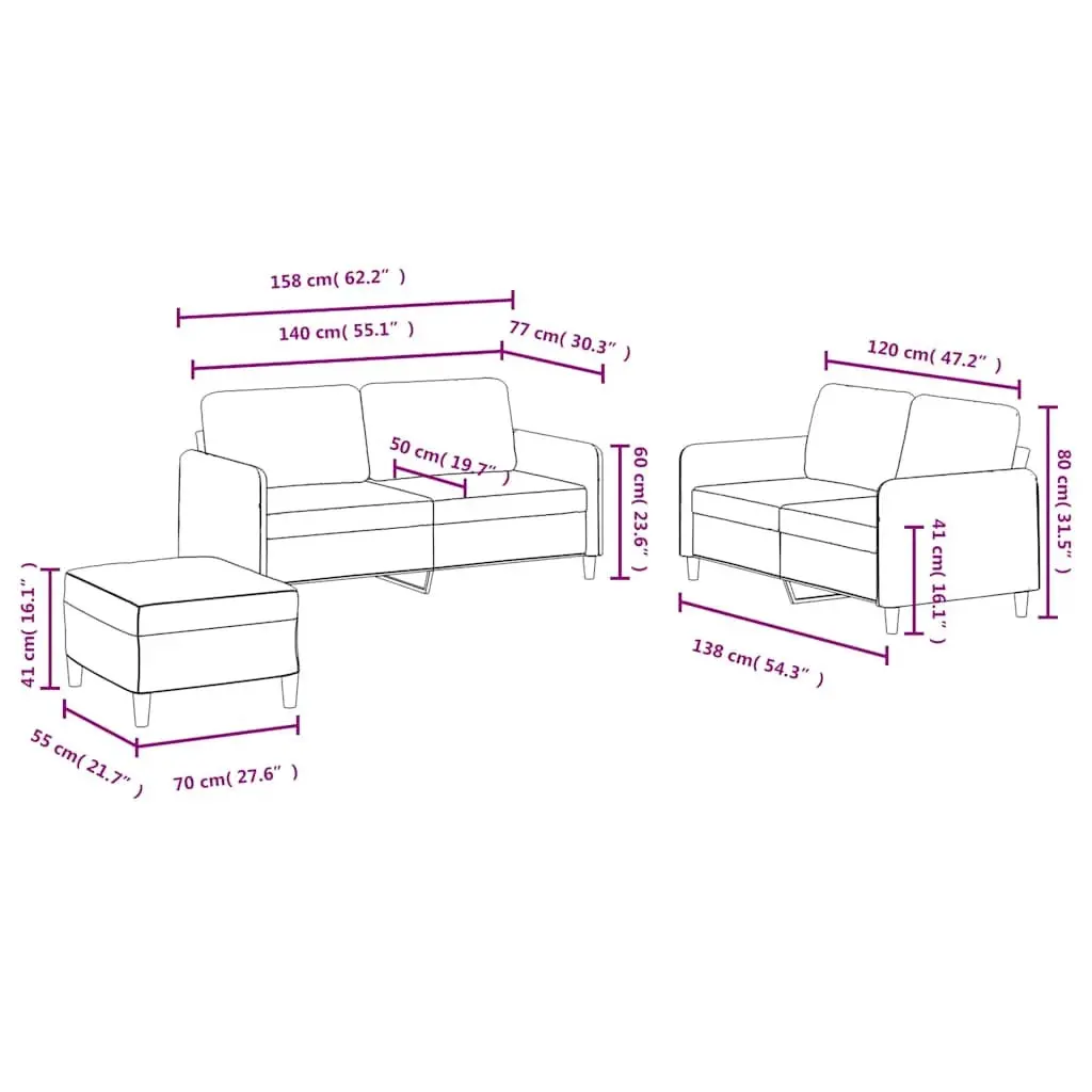 3 Piece Sofa Set with Footstool for Home