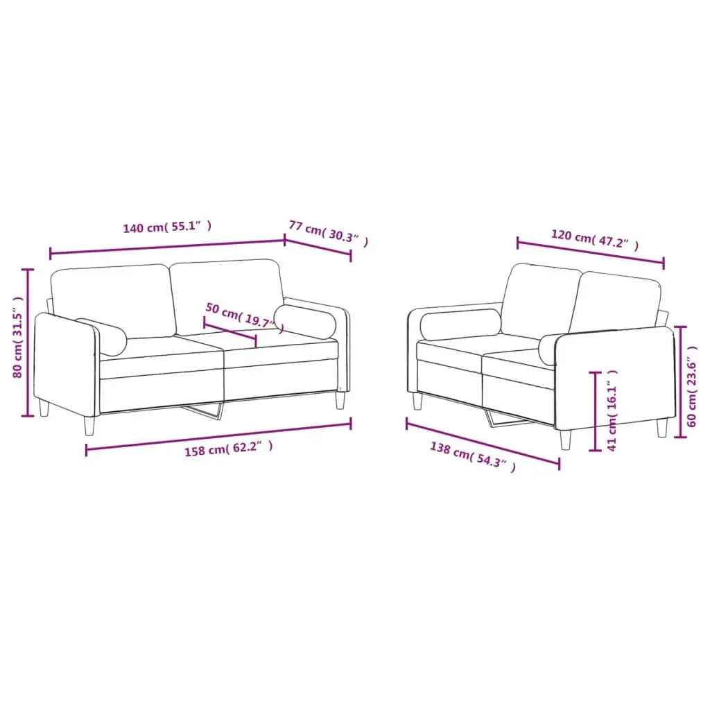 2 Piece Sofa Set Grey Velvet with Pillows Comfortable Seating Living Room