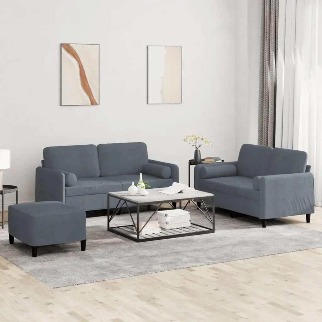 3 Piece Sofa Set Grey Velvet with Pillows Footstool Living Room Furniture