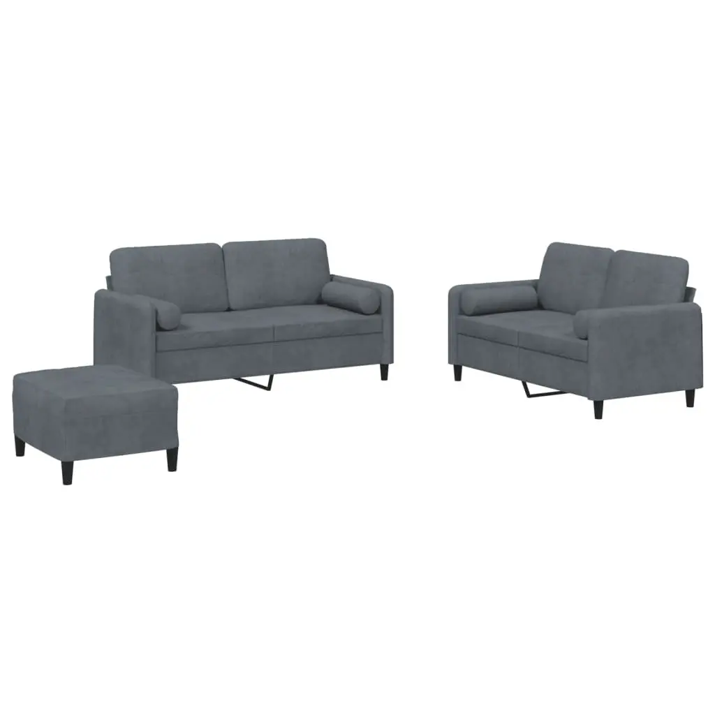 3 Piece Sofa Set Grey Velvet with Pillows Footstool Living Room Furniture