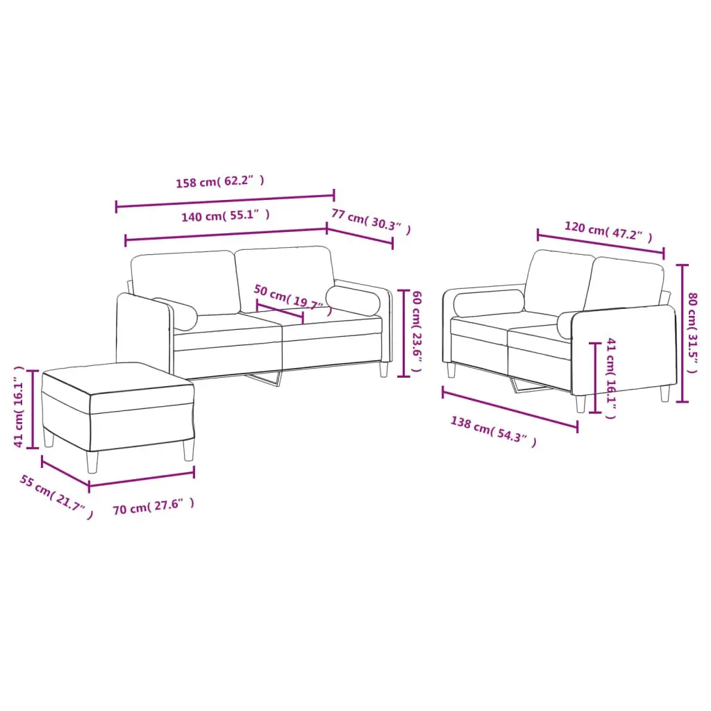 3 Piece Sofa Set Grey Velvet with Pillows Footstool Living Room Furniture