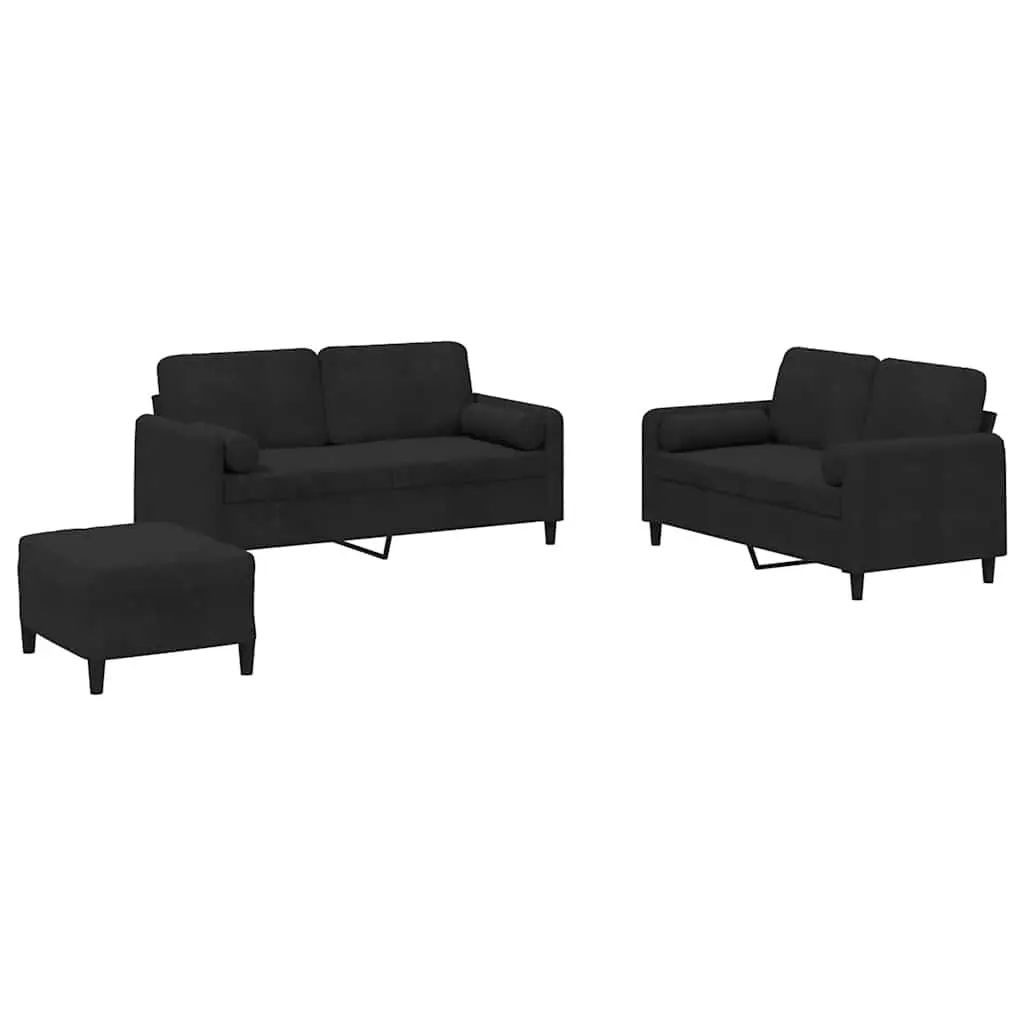 3 Piece Sofa Set Black Velvet with Pillows Footstool Living Room Furniture