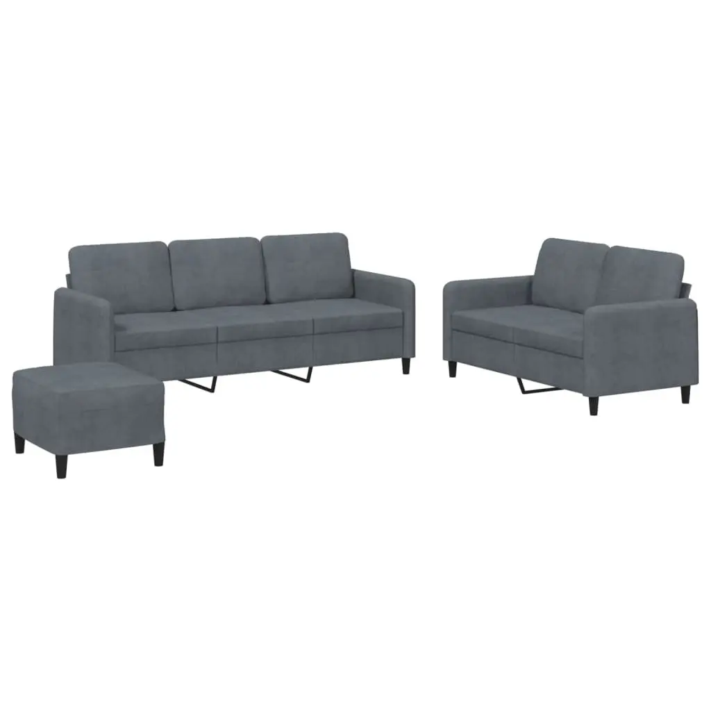3 Piece Sofa Set Grey Velvet Lounge Couch Armchair Footstool Living Room