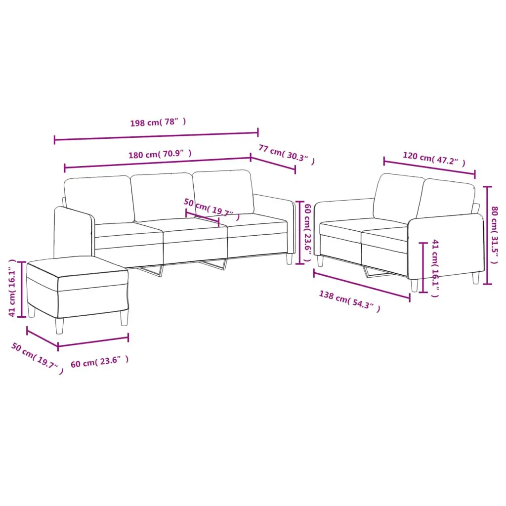 3 Piece Sofa Set Black Velvet Lounge Suite with Footstool Living Room Furniture