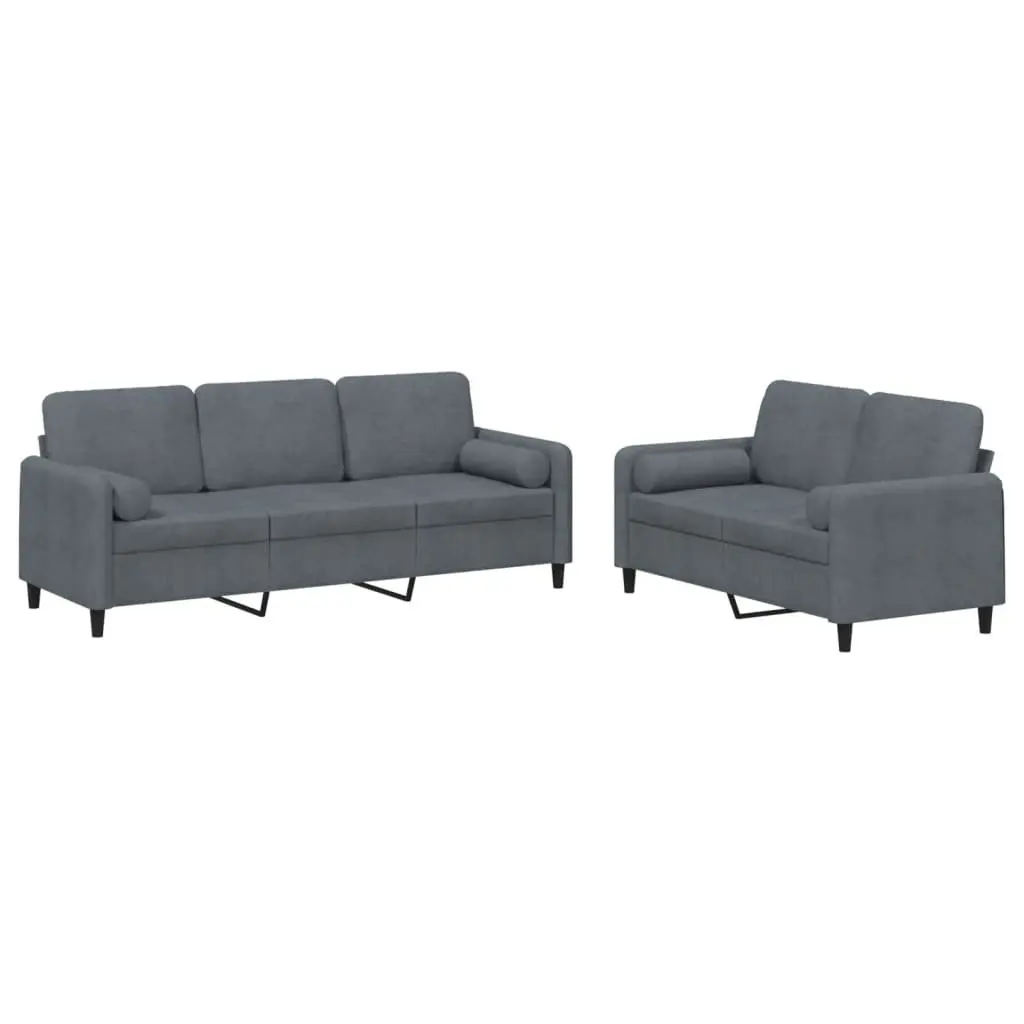 2 Piece Sofa Set Grey Velvet Couch Lounge Suite with Pillows Living Room