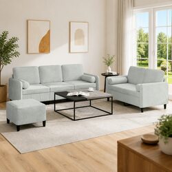 3 Piece Sofa Set Grey Velvet Couch with Pillows Footstool Living Room Furniture