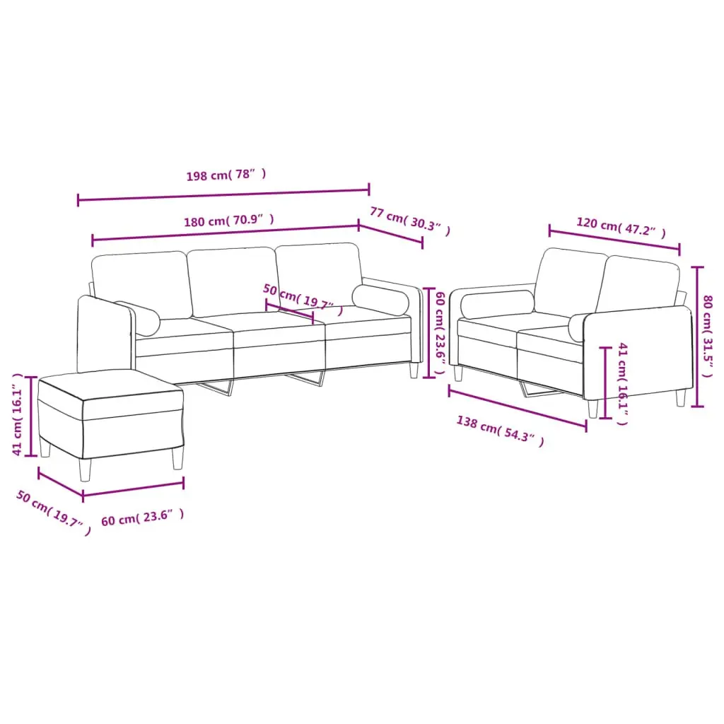 3 Piece Sofa Set Black Velvet Living Room Furniture with Pillows Footstool