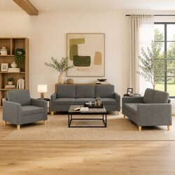 3 Piece Sofa Set Grey Fabric Lounge Suite Cushions Comfortable Seating