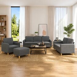 4 Piece Sofa Set Grey Fabric Lounge Suite with Cushions Footstool Living Room