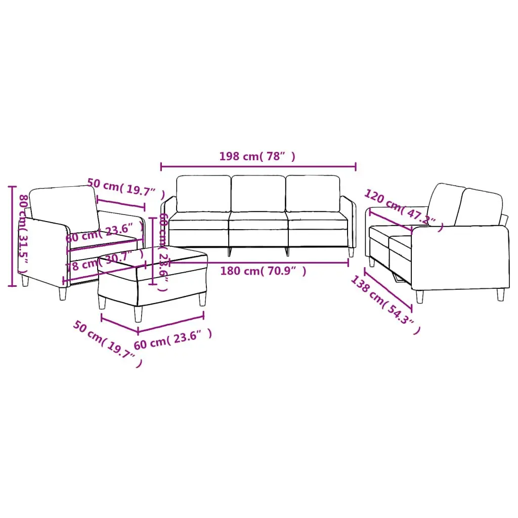 4 Piece Sofa Set Grey Fabric Lounge Suite with Cushions Footstool Living Room