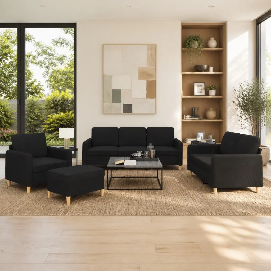 4 Piece Sofa Set with Cushions Footstool Black Fabric Living Room Seating