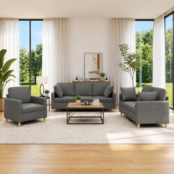 3 Piece Sofa Set Grey Fabric with Pillows Comfortable Seating Living Room Couch