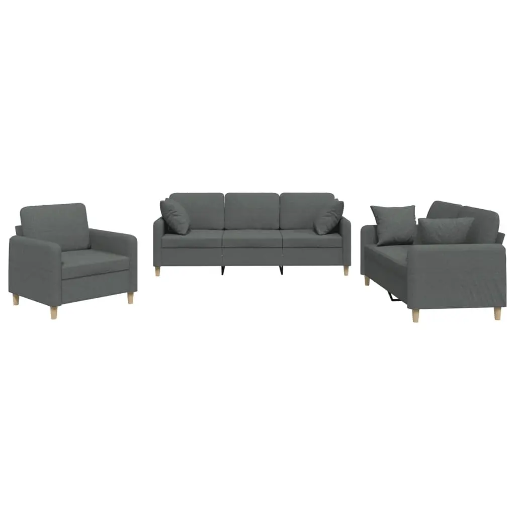 3 Piece Sofa Set Grey Fabric with Pillows Comfortable Seating Living Room Couch