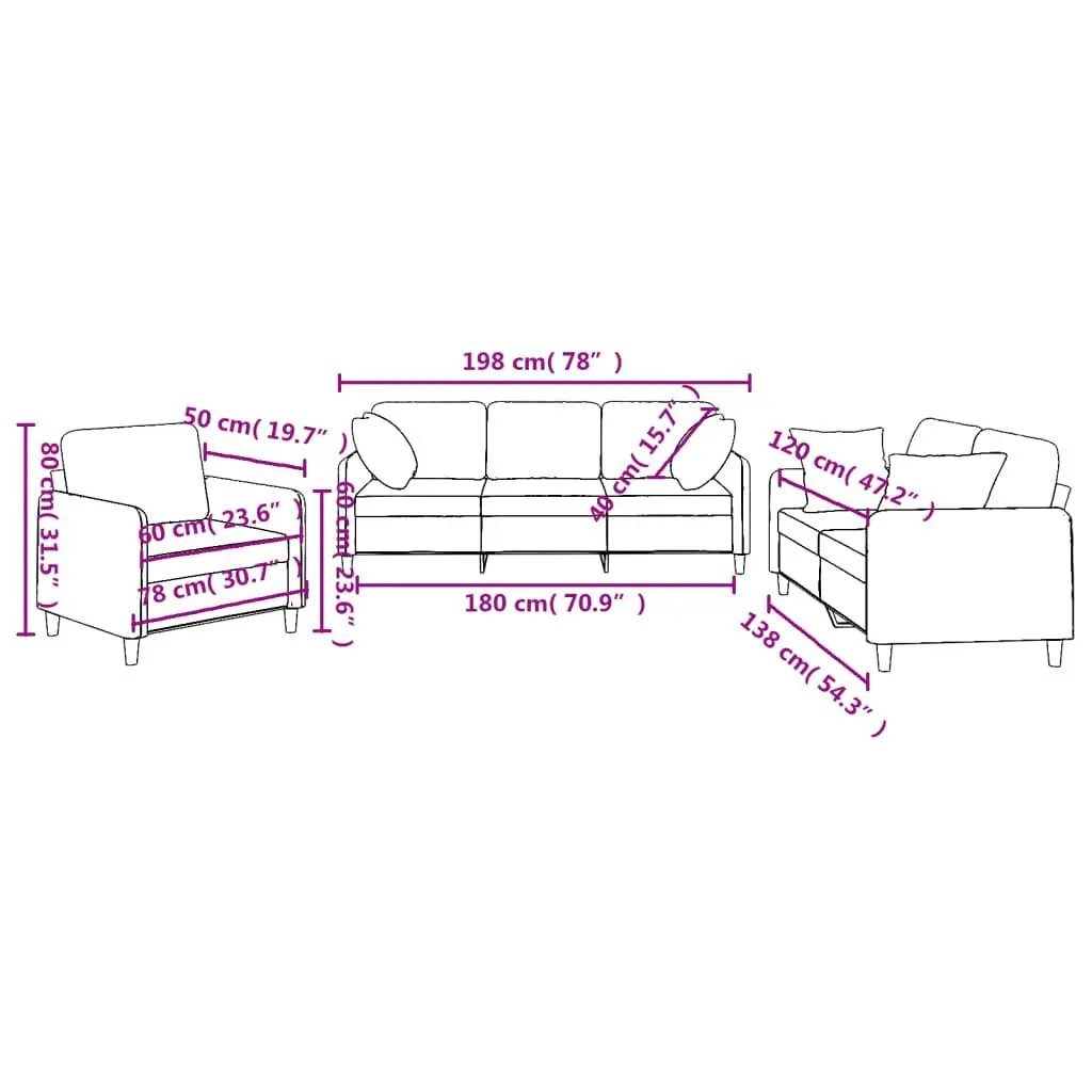 3 Piece Sofa Set Grey Fabric with Pillows Comfortable Seating Living Room Couch