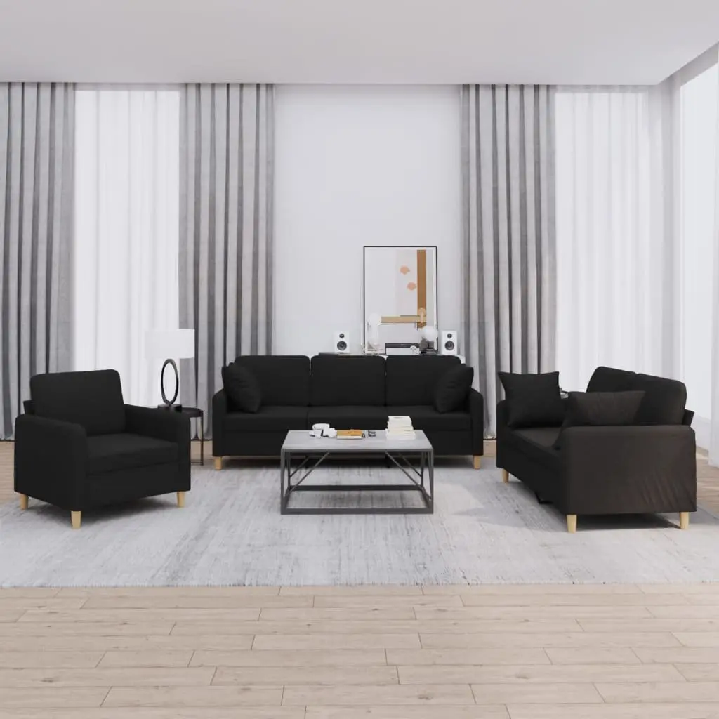 3 Piece Sofa Set Black Fabric Upholstery