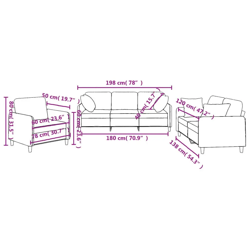 3 Piece Sofa Set Black Fabric Upholstery