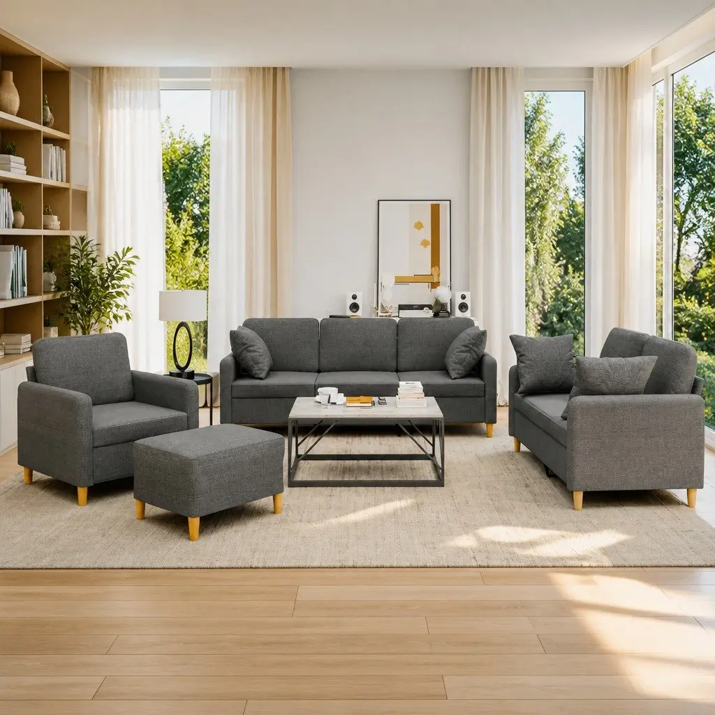 4 Piece Grey Couch Set Fabric Sofa with Footstool and Cushions for Living Room