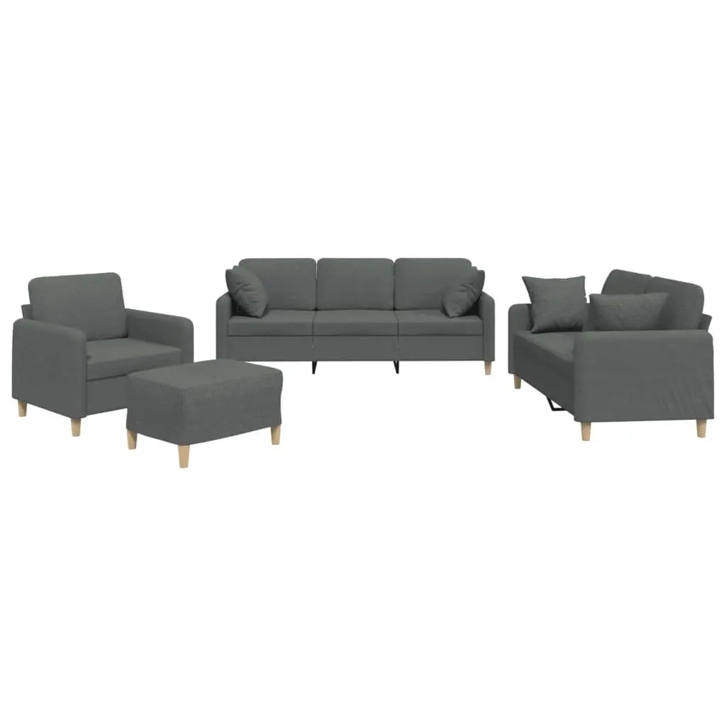 4 Piece Grey Couch Set Fabric Sofa with Footstool and Cushions for Living Room
