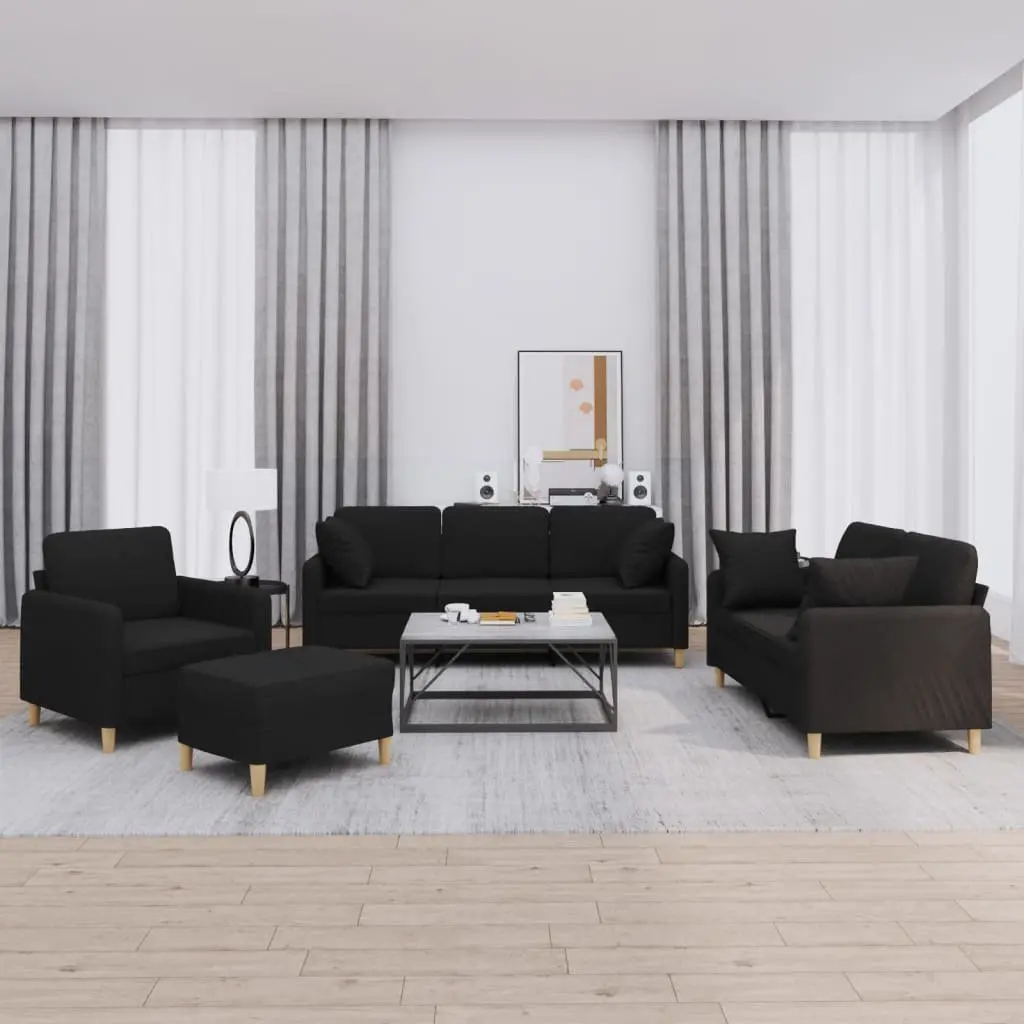 Sofa Set Fabric Black 4 Piece Couch with Throw Pillows and Footstool