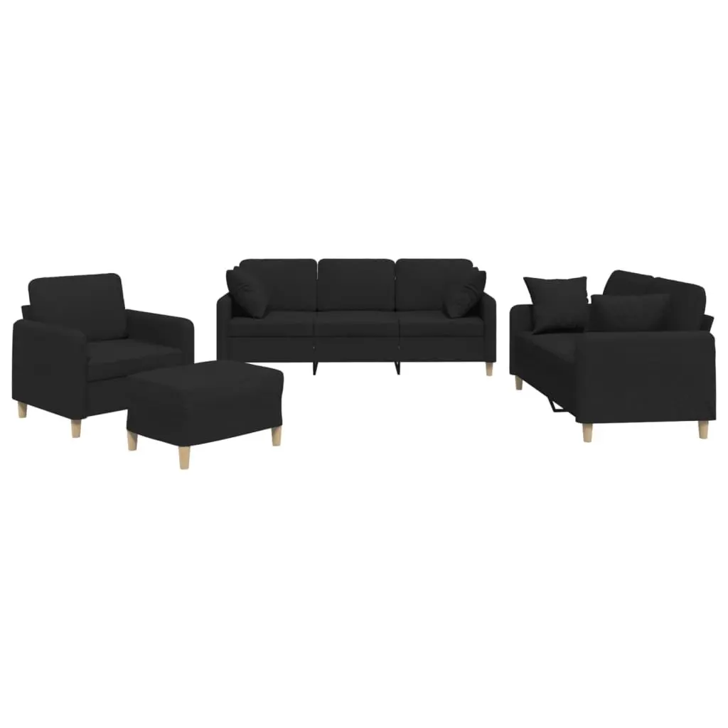 Sofa Set Fabric Black 4 Piece Couch with Throw Pillows and Footstool