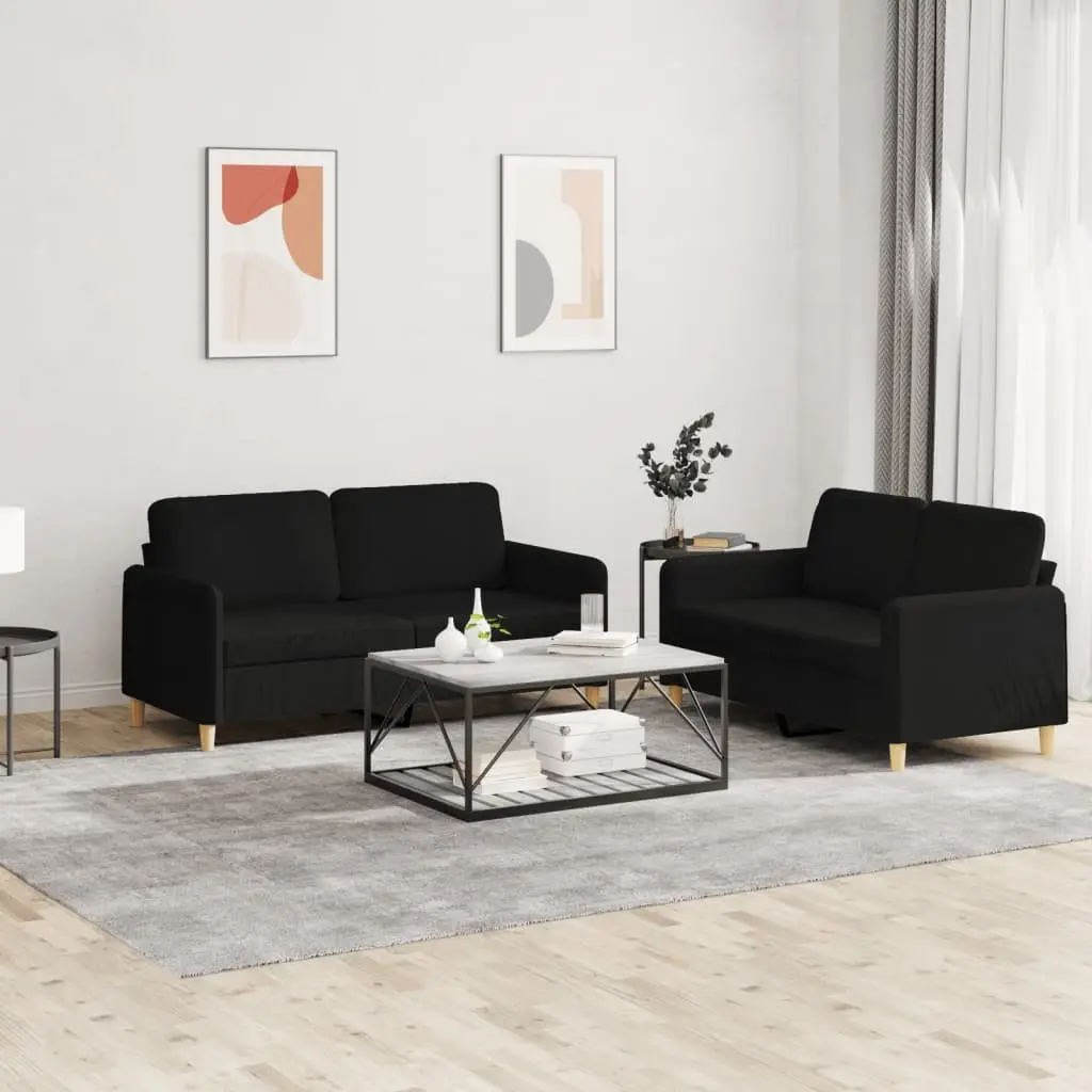 2 Piece Sofa Set Black Fabric Durable Couch Living Room Seating Cushions