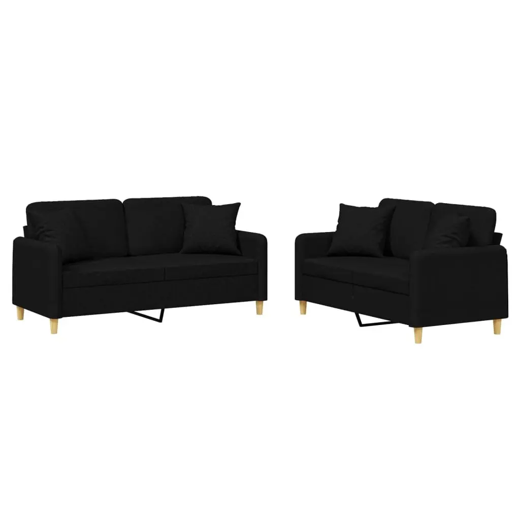 2 Piece Sofa Set with Pillows Black Fabric Couch Living Room Seating Suite