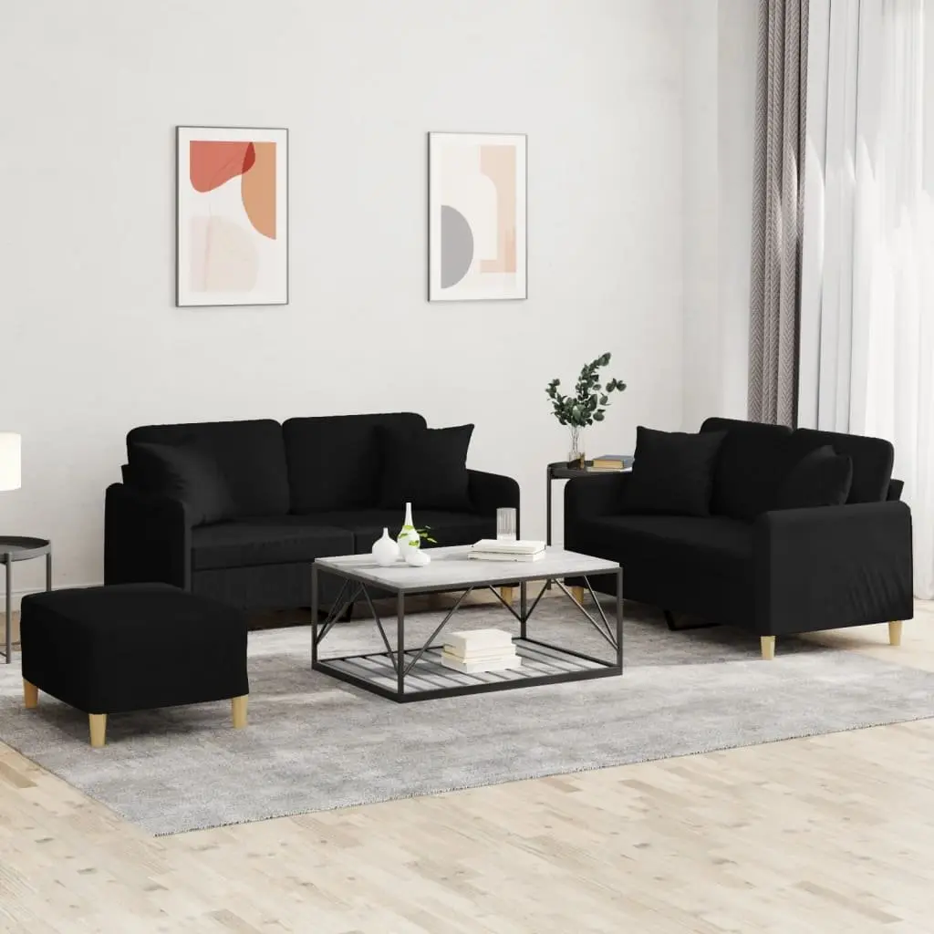 3 Piece Sofa Set Black Fabric Plywood and Metal Compact Living Room Couch