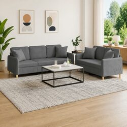 2 Piece Sofa Set Grey Fabric Couch with Pillows Comfortable Living Room Seating