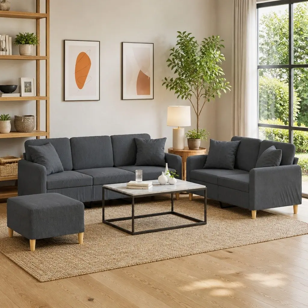 Grey Fabric Sofa Set 3 Piece with Footstool and Throw Pillows for Living Room Comfort