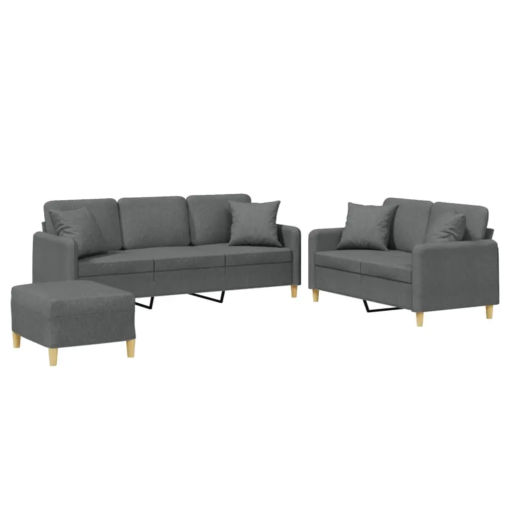 Grey Fabric Sofa Set 3 Piece with Footstool and Throw Pillows for Living Room Comfort