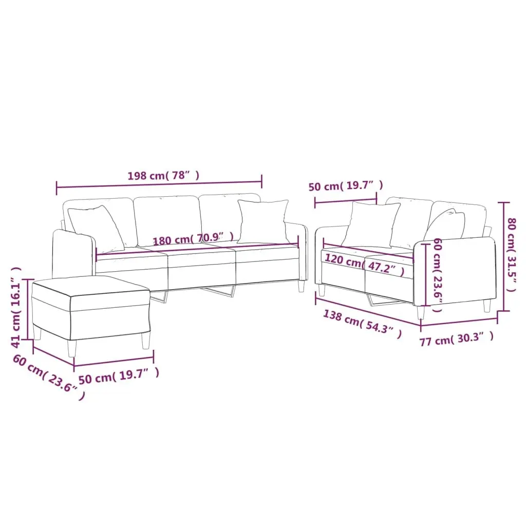 3 Piece Sofa Set Black Fabric Couch with Throw Pillows Footstool Living Room