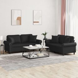 2 Piece Sofa Set Black Faux Leather Couch Living Room Furniture with Throw