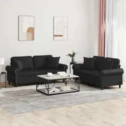 2 Piece Sofa Set Black Faux Leather Couch Living Room Furniture with Throw