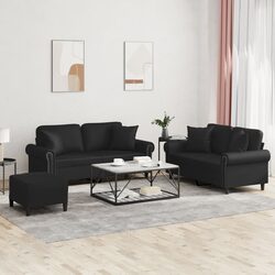 3 Piece Sofa Set with Throw Pillows Footstool Black Faux Leather Living Room